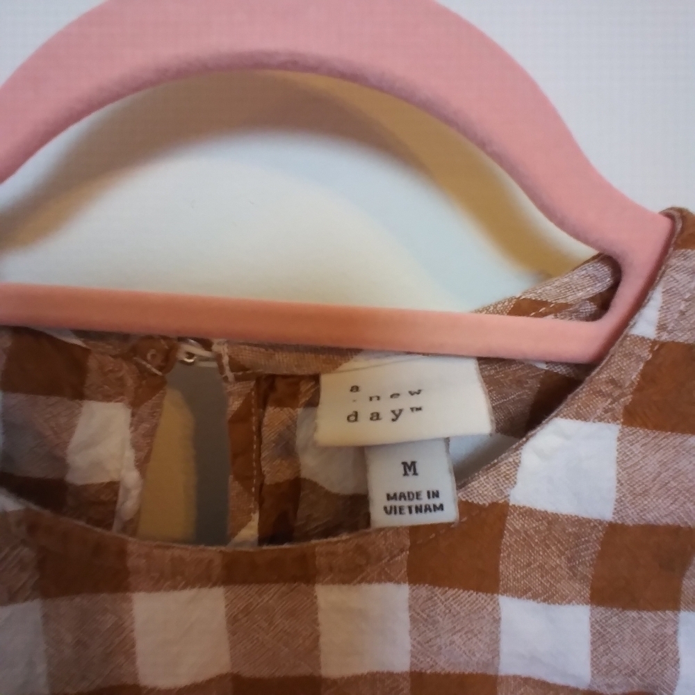 A New Day Neutral Plaid Linen Blend Short Ruffle Sleeve Blouse Size Medium - Picture 6 of 7